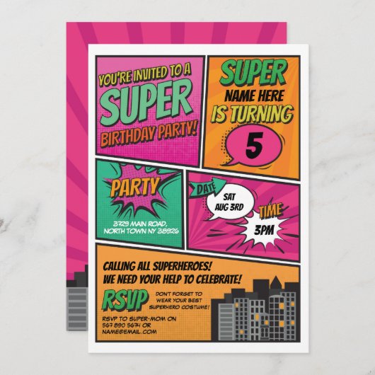 Fille's Superhero Invitation Party Pink Comic (Devant / Derrière)