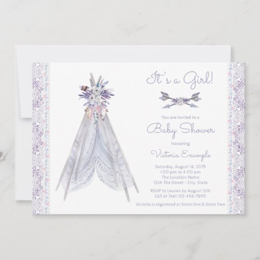 Filles TeePee Baby shower Invitation Lavande Dente (Devant)