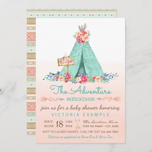 Filles TeePee Baby Shower Invitations (Devant / Derrière)