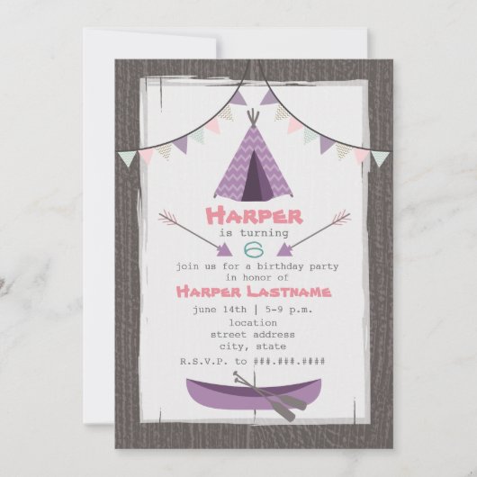 Filles Tipi Invitation fête d'anniversaire rose +  (Devant)