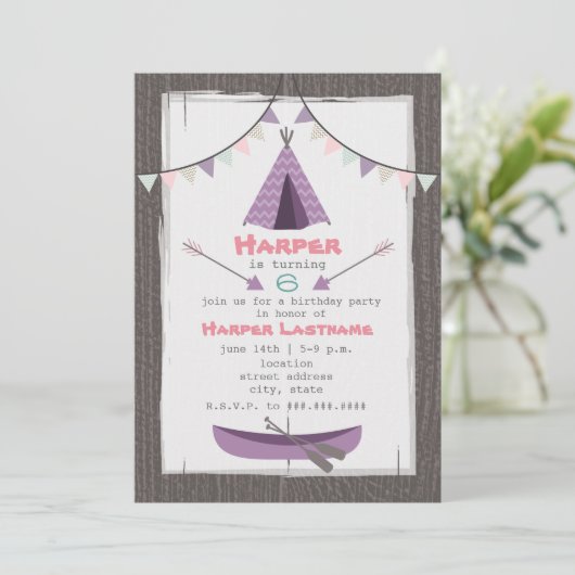 Filles Tipi Invitation fête d'anniversaire rose +  (Debout devant)