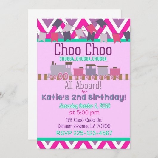 Filles Train Invitation Anniversaire (Devant / Derrière)