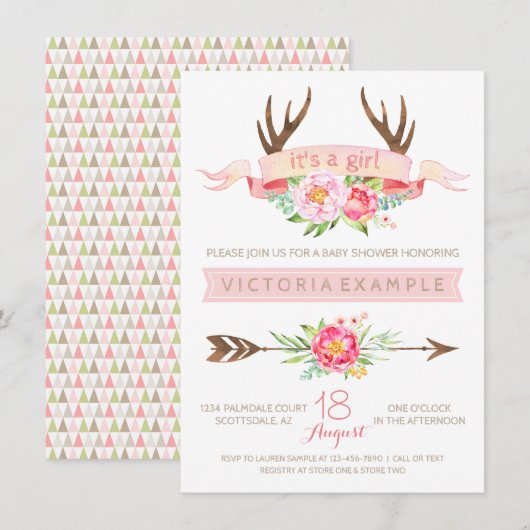 Filles Tribal Antler Floral Baby Shower Invitation (Devant / Derrière)
