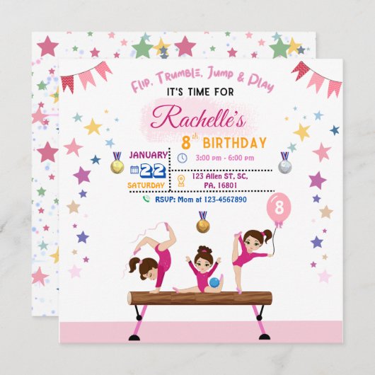 Filles Tumbling Gymnastique Invitation de fête d'a (Devant / Derrière)