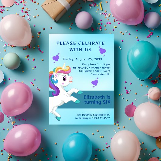 Filles Turquoise Unicorne Invitation de jour