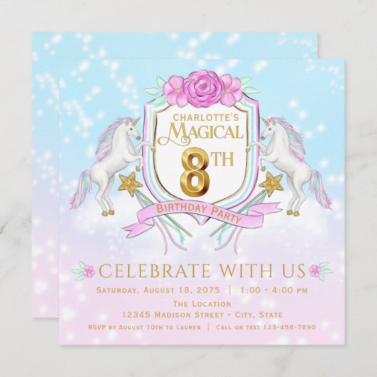 Filles Unicorn 8e anniversaire fêtes Invitations (Devant / Derrière)