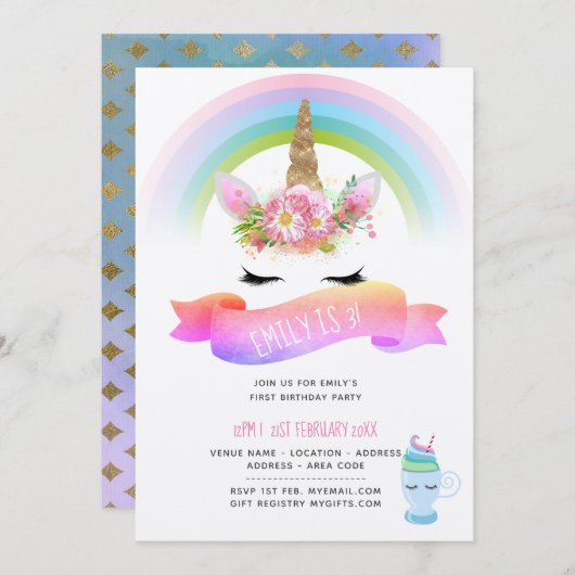 Filles Unicorn Invitations d'anniversaire - Rose v (Devant / Derrière)