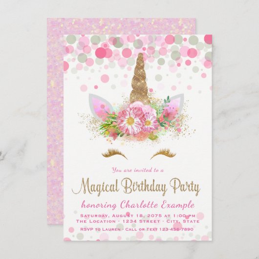 Filles Unicorn Visage Anniversaire Invitations (Devant / Derrière)