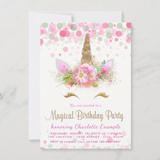 Filles Unicorn Visage Anniversaire Invitations (Devant)