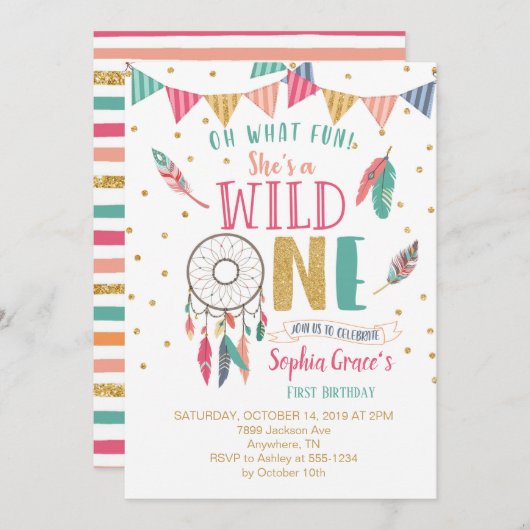 Filles Wild One First Birthday Invitation (Devant / Derrière)