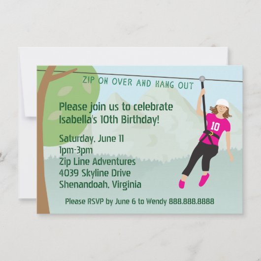Filles Zip Line Lining Anniversaire Invitations de (Devant)