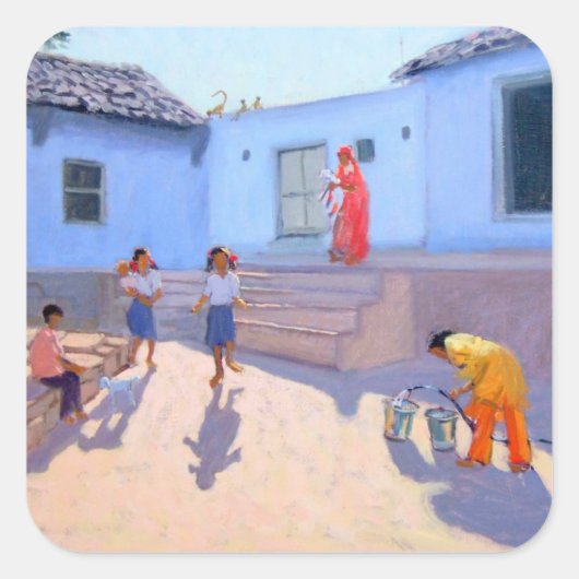 Filling Water Buckets Rajasthan India Vierkante Sticker (Voorkant)