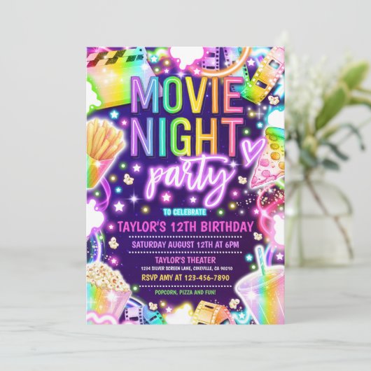 Film Night Verjaardagsfeest Pastel Rainbow Film Kaart (Staand voorkant)