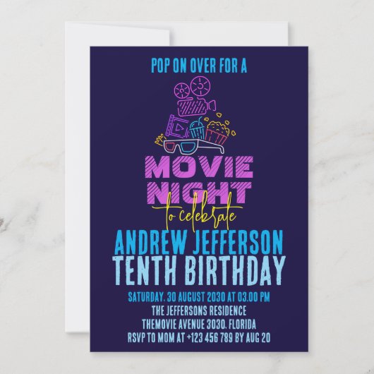 Filmavond Neon Verjaardag Glow Party Cinema Kaart (Voorkant)