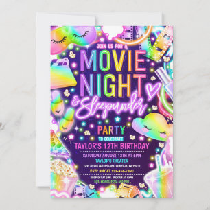 Filmavond Slaapfeest Neon Regenboog Verjaardag Kaart