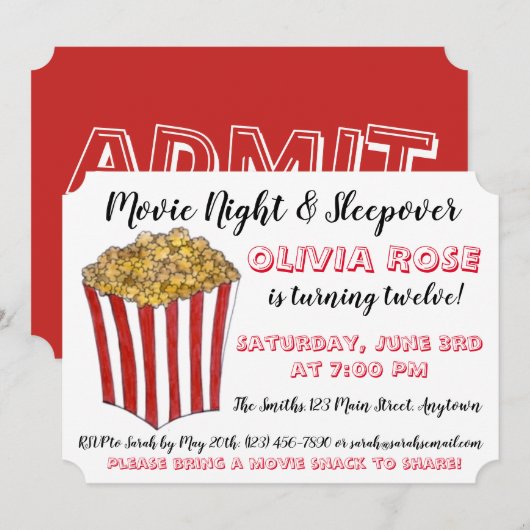 Filmnachtslapelover Popcorn Birthday Red Kaart (Voorkant / Achterkant)