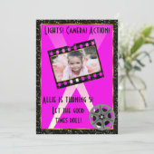 Filmster roze glitter uitnodigen kaart (Staand voorkant)