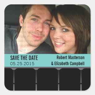 Filmtheater Foto Save the Date Stickers, Aqua Vierkante Sticker