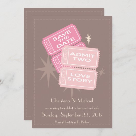 Filmtickets Sla de datumkaart op (bruin) Save The Date (Voorkant / Achterkant)