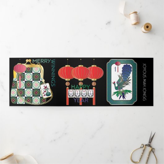 Fin D'année Trois Volets Carte trifold de vacances Mah Jongg (Extérieur)