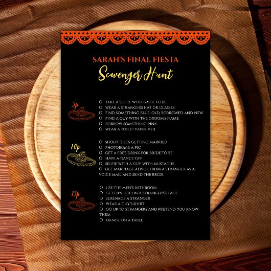 Final Fiesta Bachelorette Spel Scavenger Hunt Kaart