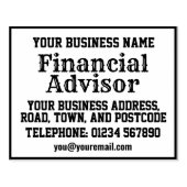 Financieel adviseur met naam, adres, enz. 	rubberstempel (Afrduk)