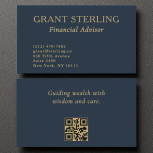 Financieel Adviseur Minimale Marine Blauw Goud QR  Visitekaartje