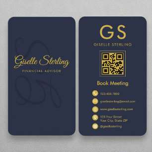 Financieel Adviseur Navy Blue Gold QR Code Monogra Visitekaartje