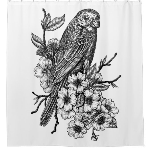 Finch op kersenbranche douchegordijn (Voorkant)
