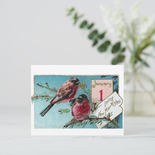 Finches op Pine Tree Nieuwjaar Feestdagenkaart (Staand voorkant)