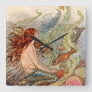 Fine Art Mermaid Ilustration Poster Vierkante Klok