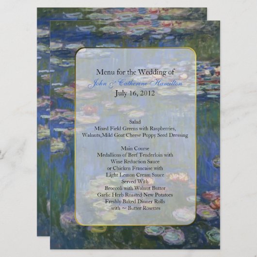 Fine Art Water Lys Mariage Table Menu (Devant / Derrière)