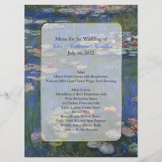 Fine Art Water Lys Mariage Table Menu (Devant)