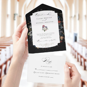 Fine Art Zwarte Bloemen Kalligrafie All In One Uitnodiging