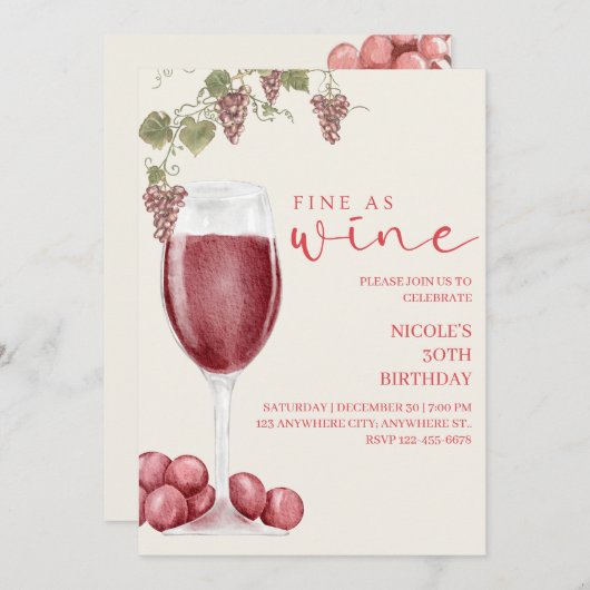 Fine as Wine Elegant Wine Tasting Birthday Invite Kaart (Voorkant / Achterkant)