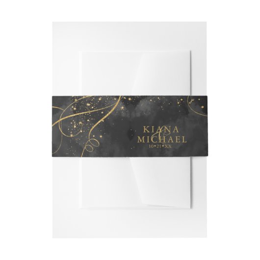 Fine Lines Gold Abstract Wedding V1 Black ID867 Uitnodigingen Wikkel (Voorkant Voorbeeld)