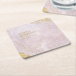 Fine Lines Gold Abstract Wedding V1 Mauve ID867 Vierkante Kartonnen Onderzetter