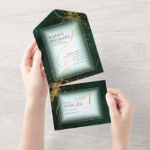 Fine Lines Gold Abstract Wedding V3 Emerald ID867 All In One Uitnodiging (Afscheurbaar)