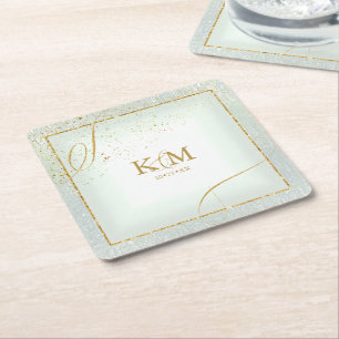 Fine Lines Gold Abstract Wedding V3 Sage ID867 Vierkante Kartonnen Onderzetter