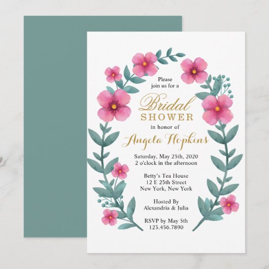 Fink Floral Wreath Invitation de douche nuptiale (Devant / Derrière)