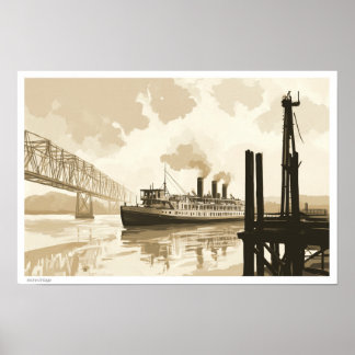 FINKUNST ILLUSTRATIE RIVERBOOT LANDSCHAP POSTER