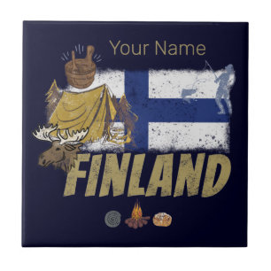 Finland Moose  Vlaggetent Retro Souvenir Tegeltje