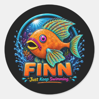 Finn the Dolphin – “Ride the Waves of Wonder” Ronde Sticker