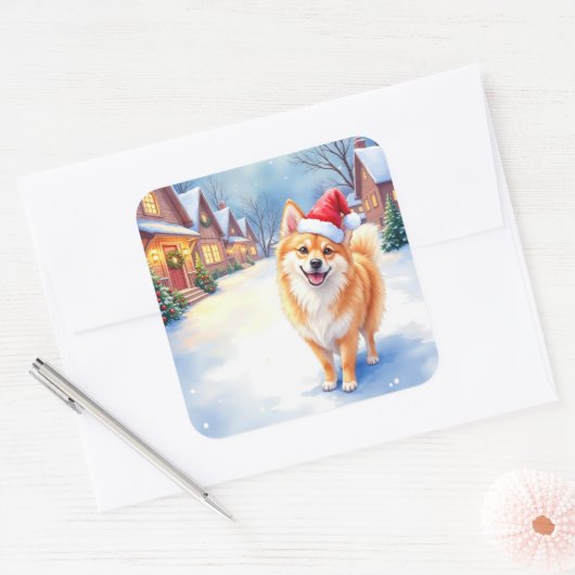 Finnish Lapphund Snowy Village Santa Hat Christmas Vierkante Sticker (Envelop)