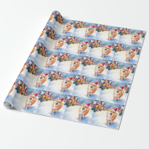 Finse Lapphund Besneeuwd Dorp Kerstman Hoed Kerstm Cadeaupapier