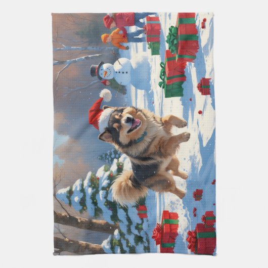 Finse Lapphund Hardloopsneeuw met kerst Pet Theedoek (Verticaal)