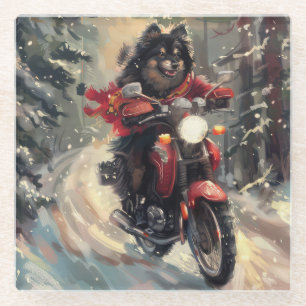 Finse Lapphund-hond rijdt op motorfiets met Kerstm Glazen Onderzetter