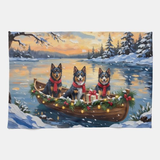 Finse Lapphund Kerstboot Vakantie Theedoek (Horizontaal)