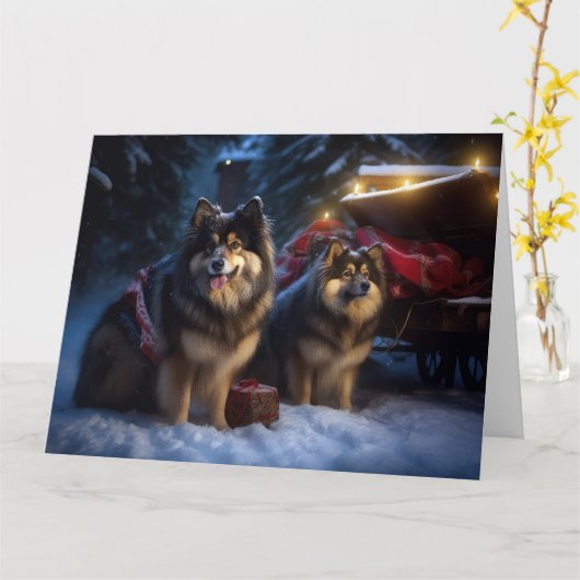 Finse Lapphund Sneeuwslee Kerst Decor Kaart (Gele Bloem)