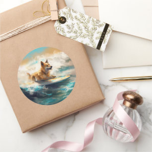 Finse Lapphund strand surfen schilderij Ronde Sticker